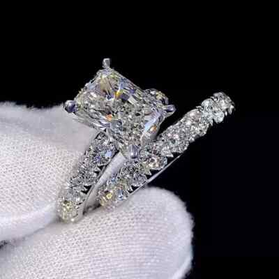 4CT Radiant Moissanite Bridal Set Engagement Ring in 14K White Gold Plated