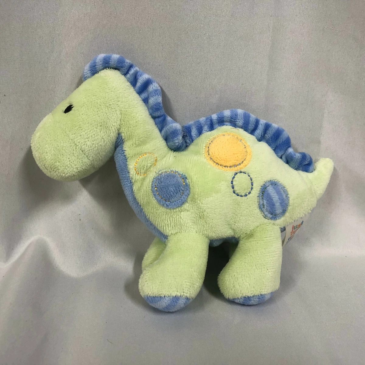 Just One Year Plush Green w Blue Spots Dinosaur Rattle Baby Toy