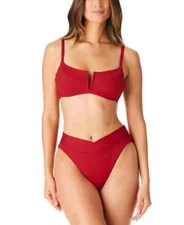 BAR III Dark Cherry Ribbed Notch-Front V Waist Swim Bikini Set Medium yse1123