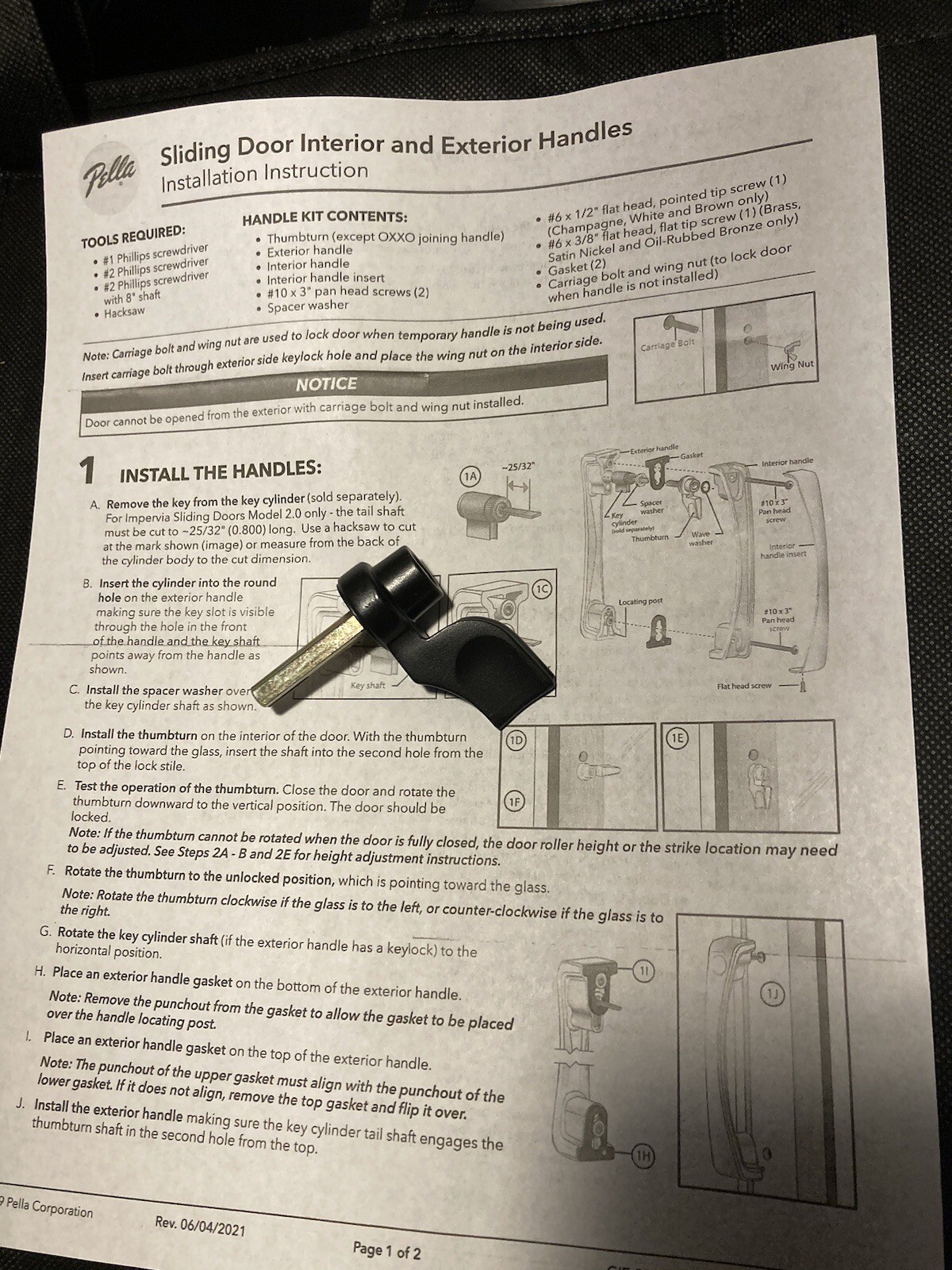 Pella Sliding Patio Door thumb turn knob GENUINE Brass with Black