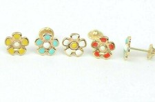 Solid 14k Yellow Gold Baby Enamel Flower Earrings with Screw Back Fastening