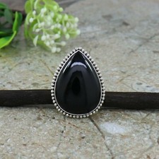 Natural Black Onyx Sterling Silver Boho Statement Organic Artisan Silver Ring
