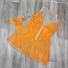 Dreamgirl Orange Floral Lace Mesh Lingerie Set Babydoll Chemise, One Size