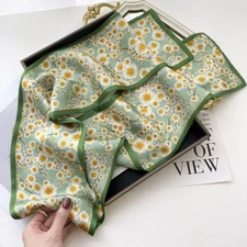 Double Side 100% Pure Silk Long Scarf Women Green Flower Neckerchief 150*15cm