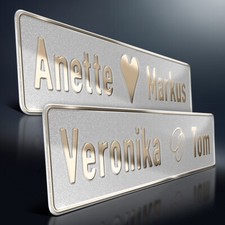 1x Hochzeit Aluschild | Wunschtext Goldprägung | Herz & Ringe | Silber Glitter