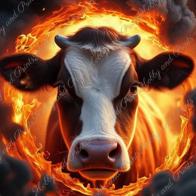DIY Diamond Painting Vollbild Kuh Rind Feuer Magie Fantasy Flammenmeer Bauernhof
