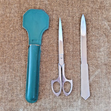 Vintage Solingen Germany Letter Opener  Scissors Set with Leather Case / green