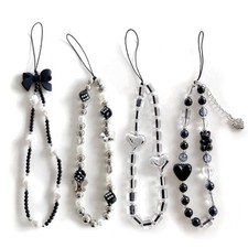 3PCS Crystal Beaded Phone Charms, Acrylic Cell Phone Wrist Strap, Goth Black