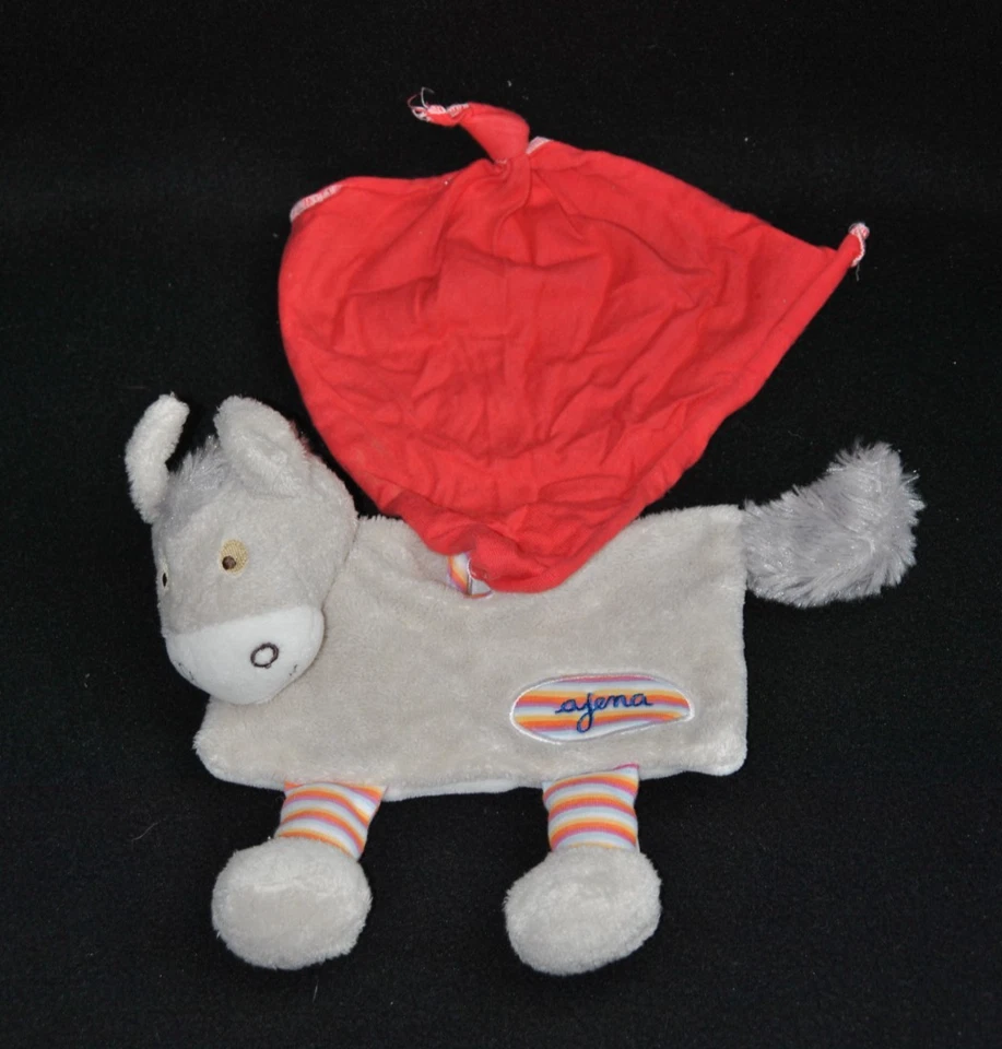 Doudou âne cheval plat gris AJENA mouchoir rouge jambes rayées TTBE - Photo 1/1