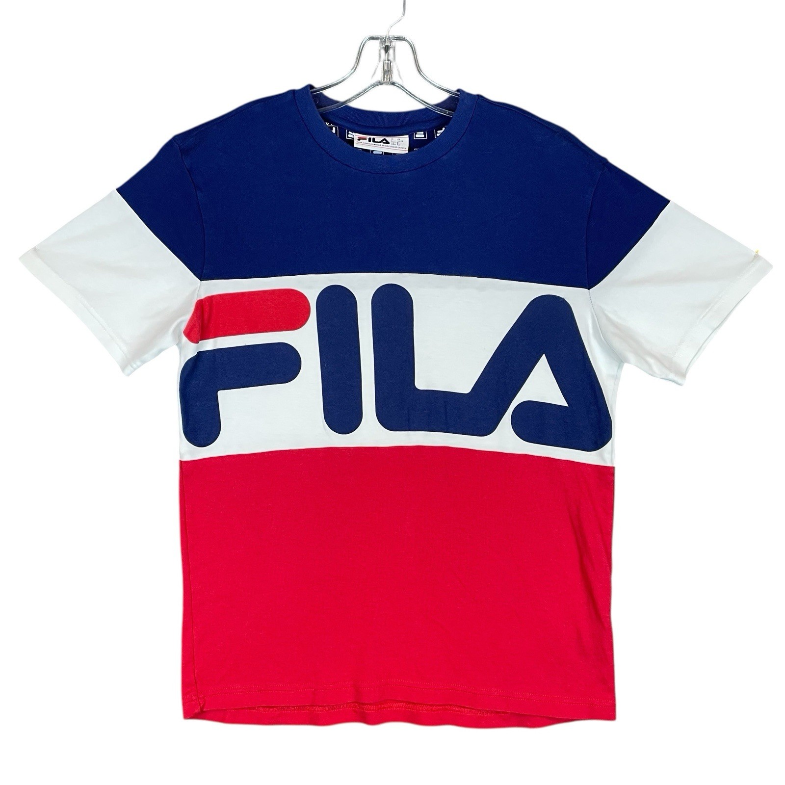 T shirt FILA Spellout logo uomo S rosso bianco blu colorblock manica corta girocollo
