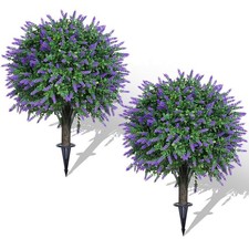 Set of 2 Artificial Lavender Boxwood Topiary Ball Bush for Outdoor with Groun...