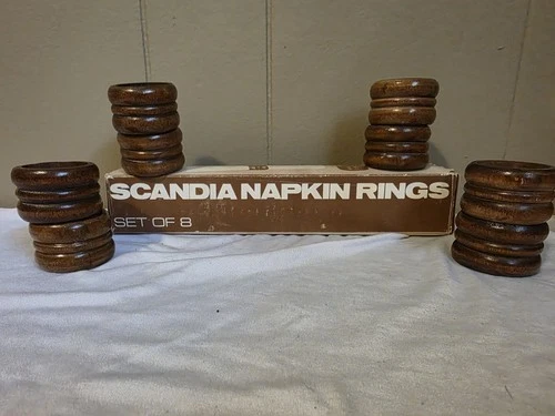 Scandia Wooden Napkin Rings Set of 8 With Original Box Vintage