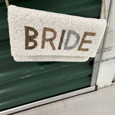 White Gold Beaded BRIDE Clutch Bag Purse with Gold Tone Chain Strap
