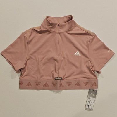 Adidas Hyperglam Damen Viertelreißverschluss bauchfreies Oberteil T-Shirt pink HG8804 Größe UK 14 Large