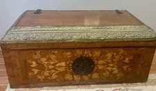 FRANCO FLEMISH RENAISSANCE STYL WOOD MARQUETRY CHEST TRUNK EMBOSSED BRONZE