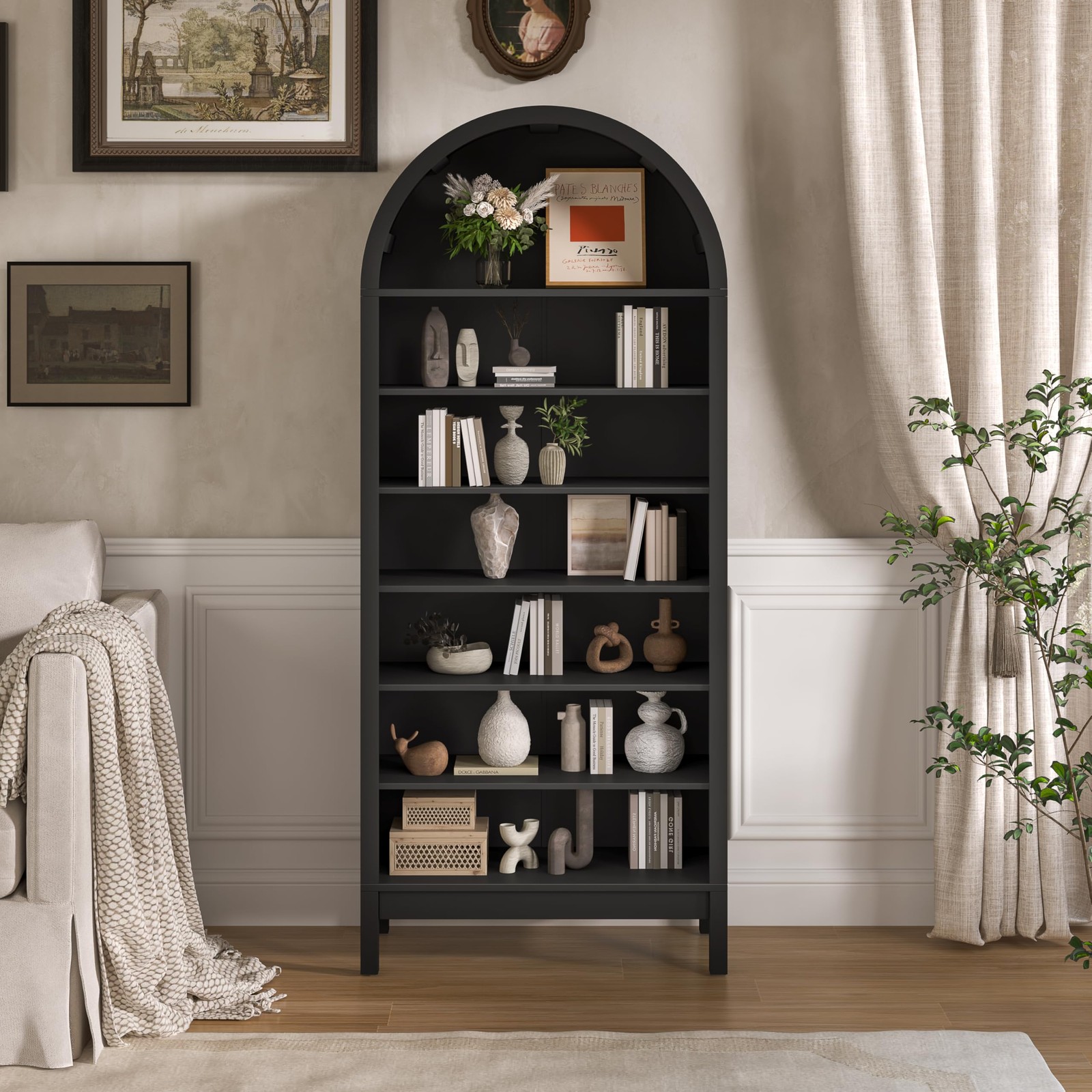 Tall Arched Bookshelf 7-Tier Bookcase with 3 Adjustable Shelves