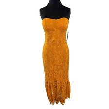LULUS Divine Nights Golden Yellow Midi Dress Marigold Lace Strapless Large L NEW