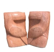 Vtg Toucan Carved Soapstone Bookends 2 Red Stone Bird Sculptures Home Decor 7×4"