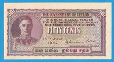 Ceylon 1942 50 Fifty Cents Note P #45 - Choice AU
