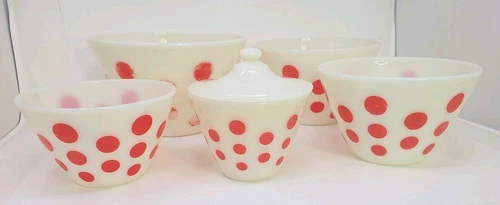 Fire King Red Dot Bowl Set and Grease Pot w/Lid