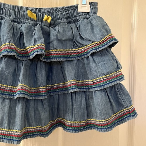Mini Boden Denim Tiered Woven Skort Skirt Rainbow Embroidered Girls Size 7-8 - Picture 7 of 14