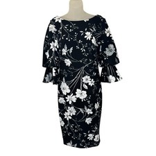 Calvin Klein Women's Dress Black Floral Print Bell Sleeve Midi Sheath 4 New
