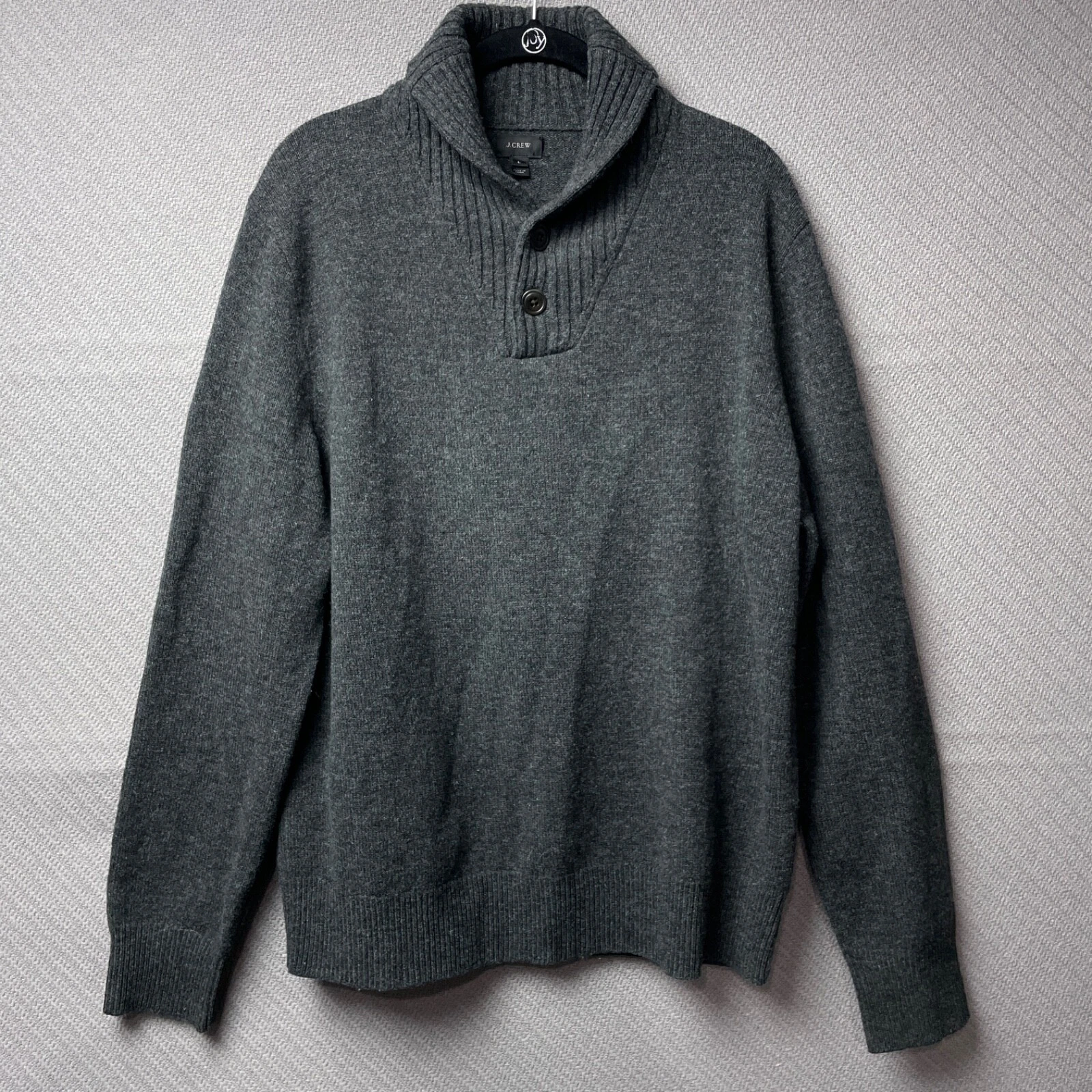 J Crew Sweater Mens Large Grey Lambswool Shawl Neck Button Pullover Preppy Henle