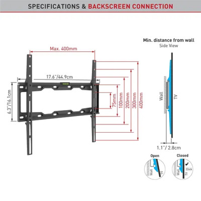 Barkan TV E302+ 19-65 inch Fixed,Flat/Curved Screen Bracket, Holds up to 110 lbs