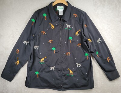 The Quacker Factory Jacket Womens L Embroidered Jungle Zoo Animals Zip Up Cotton