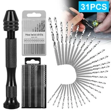 31Pcs Mini Micro Hand Drill Bits Set Small Manual Keyless Chuck Pin Vise Rotary