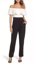  ELIZA J OFF THE SHOULDER RUFFAL IVORY/BLACK JUMPSUIT  sz  4