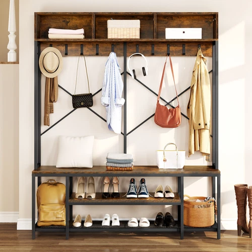 5-in-1 Hall Tree with Storage Bench Industrial Coat Rack Shelf Bedroom Organizer - Picture 1 of 9