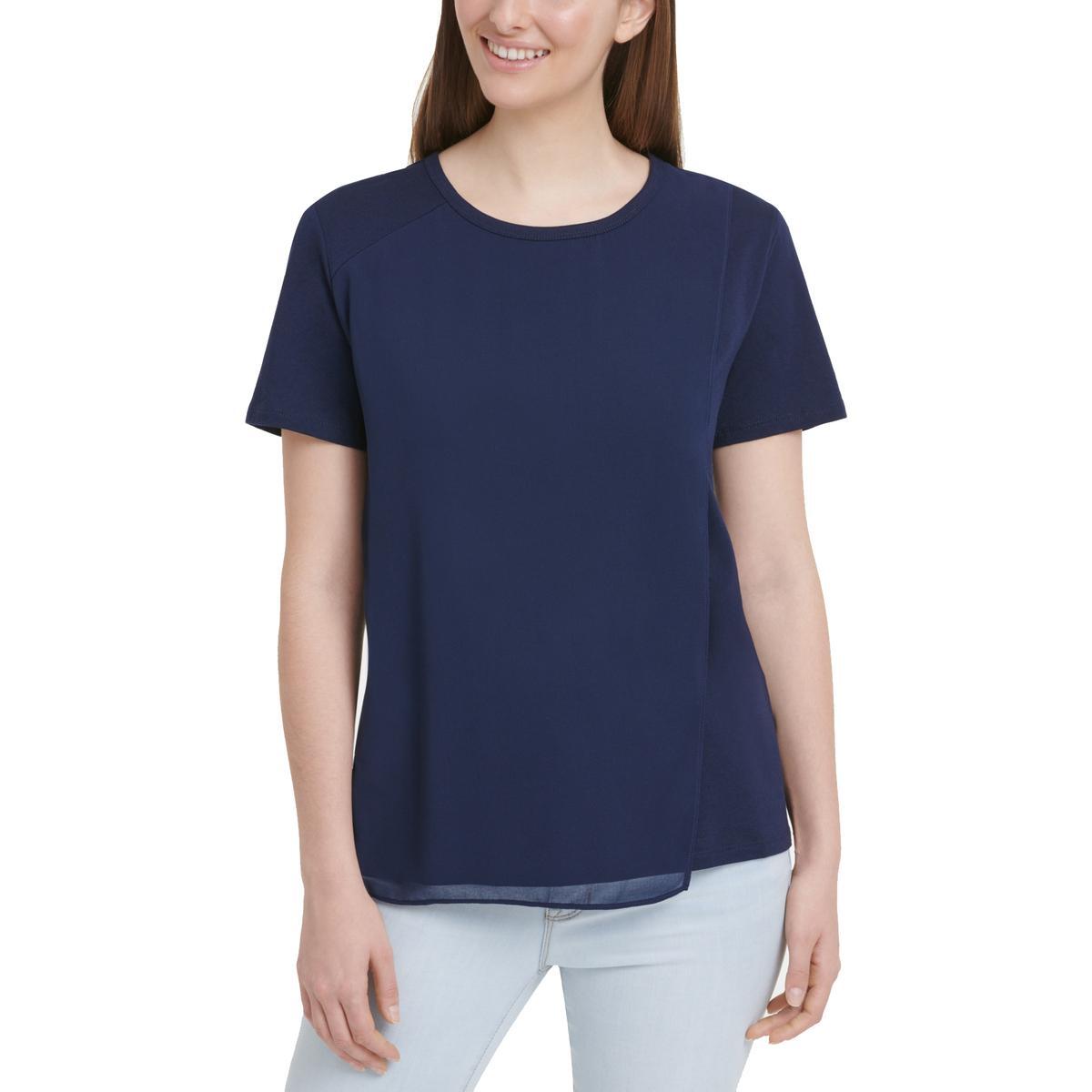 Женская темно-синяя футболка с круглым вырезом и искусственным покрытием DKNY, пуловер, верхняя рубашка XL BHFO 4693