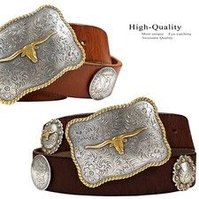 Houston Gold Longhorn Buckle Conchos Belt Genuine Full Grain Leather Belt