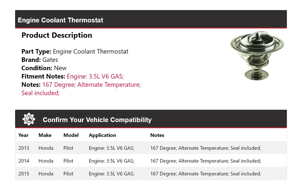 Para Honda Pilot 2013-2015 3,5 L V6 motor gas refrigerante termostato puertas 2014 Foto 2 de 4