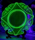 Vintage Uranium Glass Etched Floral Scalloped Edge 9” UV Glow