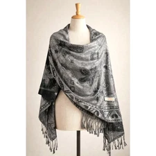 VTG Pashmina Scarf Shawl Wrap Silver Floral Metallic Silk Cashmere Fringe Sparkl