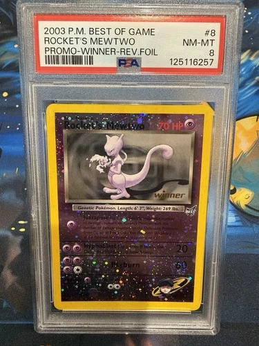 Pokemon 2003 Rockets Mewtwo Winner Promo 8 Reverse Holo PSA 8 new cert swirl 🌀
