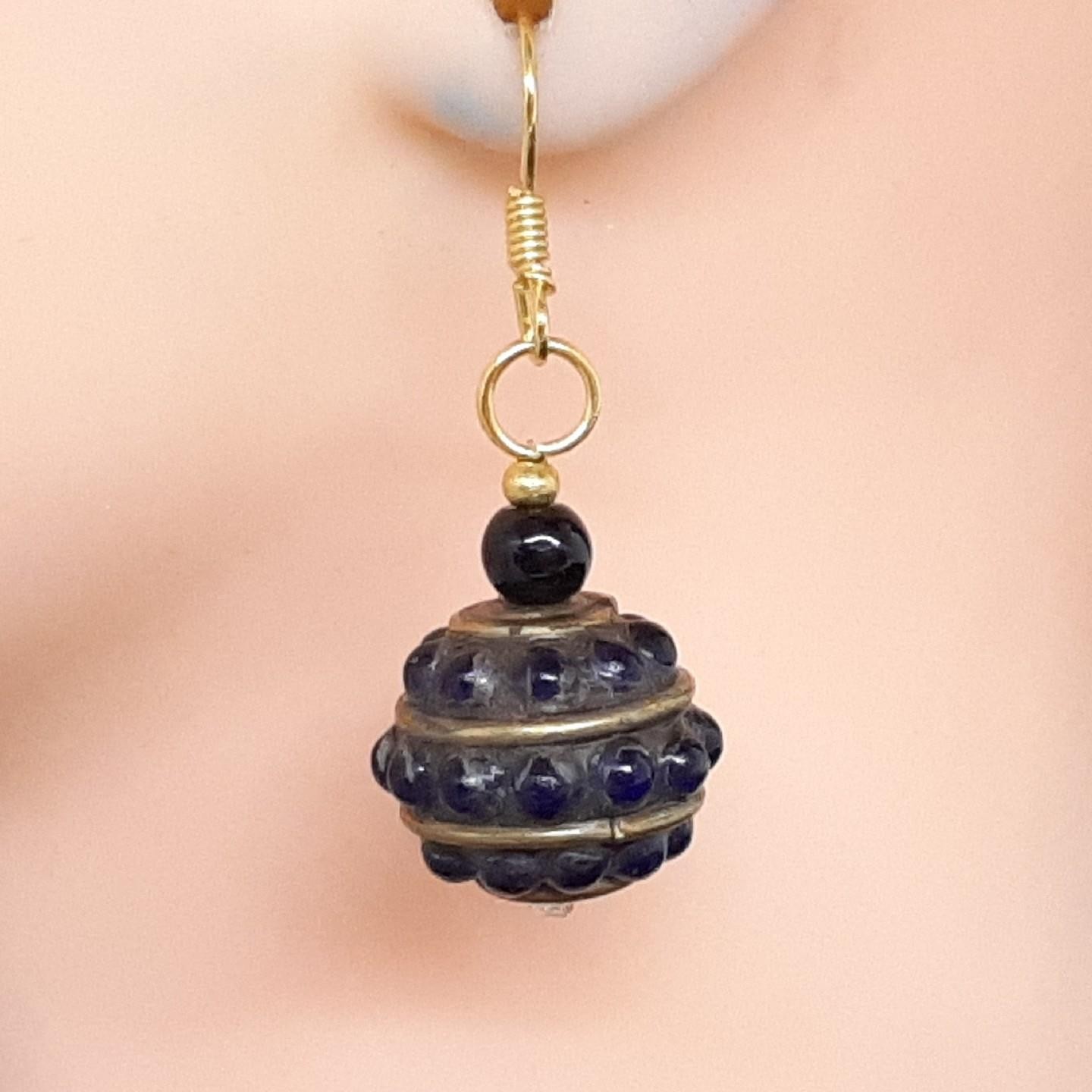 Vintage 2.10ctw Lapis Lazuli 14K Yellow Gold Silver Dangle Earrings 7.2g