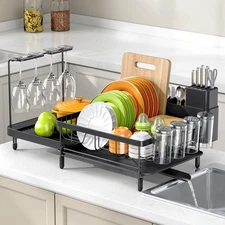 Dish Drying Rack, Expandable Large Capacity Dish Rack with Drainboard, Wine G...