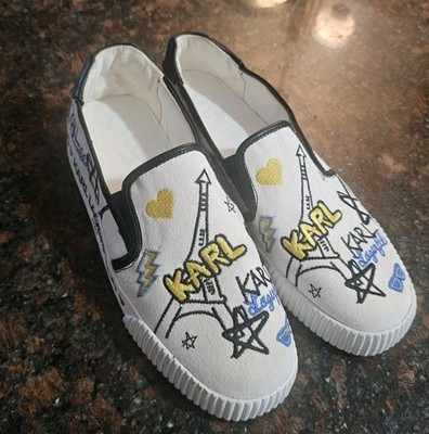 Karl Lagerfeld Paris Jazlyn Slip on White Sneaker Embroidered Size 9.5