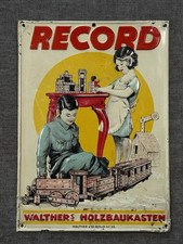 Blechschild Reklame Spielzeug RECORD Walther‘s Holzbaukasten Eisenbahn alt Antik