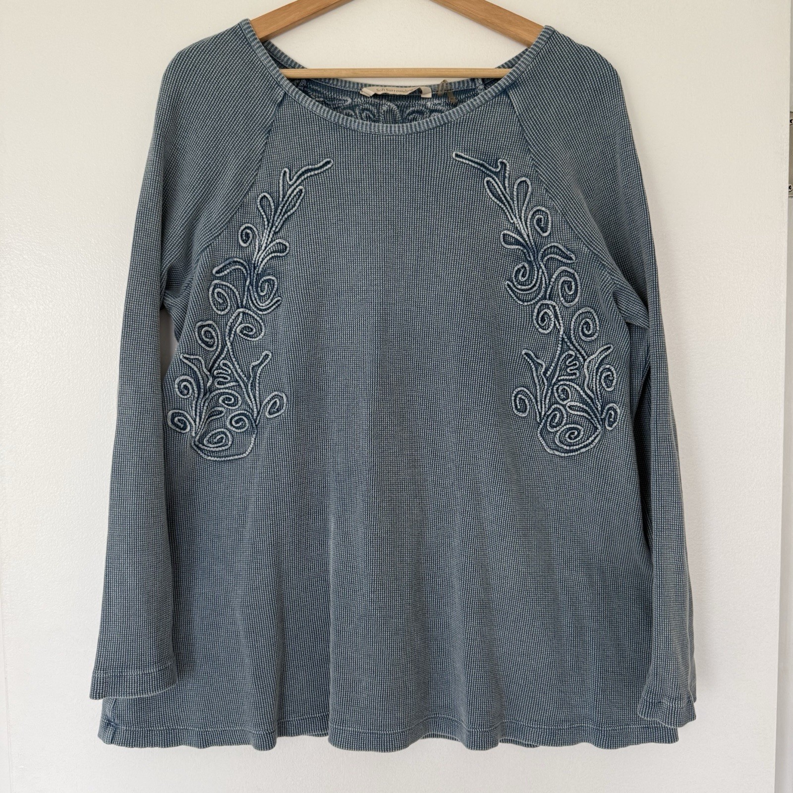 Soft Surroundings Camden Waffle Knit Embroidered Henley Thermal Top Blue XL