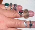 7 Vintage Costume Jewelry Rings lot Crystals Faux Sizes 9-10.5 SC Estate #E45