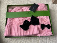KATE SPADE NY CABLE HAT-SCARF-ARM WARMERS 3 PC. SET PINKW/BLACK VELVET BOWS.