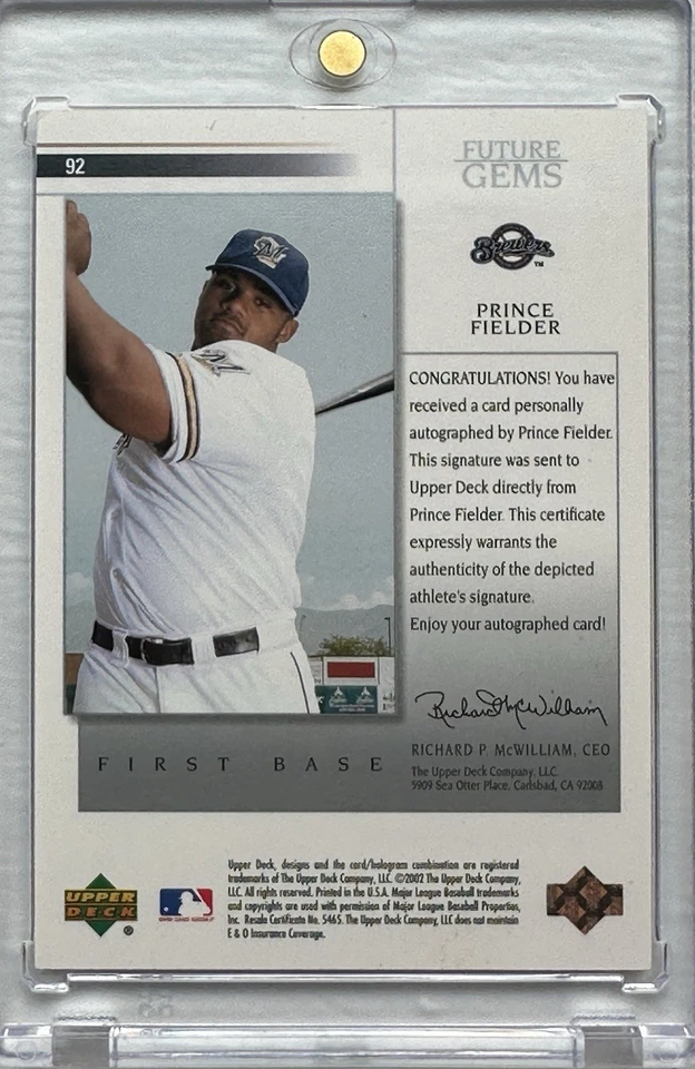 Prince Fielder Rookie Auto 2002 Upper Deck Prospect Premieres RC #92 Brewers Foto 2 de 2