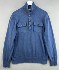 Banana Republic Sweater Mens Medium Blue Cotton Button Mock Neck Pockets