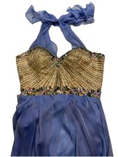 Sherri Hill Women Jeweled Sweetheart Neck Tiered Dress Blue Tan Silver Size 10