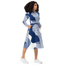 Long-Sleeve Midi Dress   Navy  Gray Abstract Print
