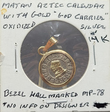14K Yellow Gold Pendant With Oxidized Silver Aztec Mayan Calendar Sun Stone Coin
